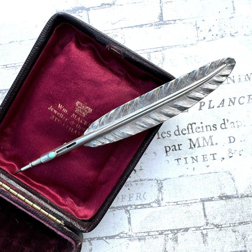 Victorian Silver Quill Pen Novelty Mechanical Pencil Brooch, Sampson & Mordan. Very Rare Antique Figural Sterling Silver Propelling Pencil