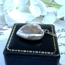 Cargar imagen en el visor de la galería, Antique Edwardian Engraved Daisy Sterling Silver Heart Locket Necklace. English B&F Silver Medium Love Heart Locket Pendant On Curb Chain
