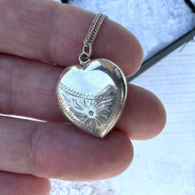 Cargar imagen en el visor de la galería, Antique Edwardian Engraved Daisy Sterling Silver Heart Locket Necklace. English B&F Silver Medium Love Heart Locket Pendant On Curb Chain