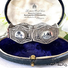 Load image into Gallery viewer, Antique Art Deco Egyptian Revival Niello Silver Filigree Bracelet. Vintage 1920s 800 Silver Black Enamel Scenic Panel Bracelet.