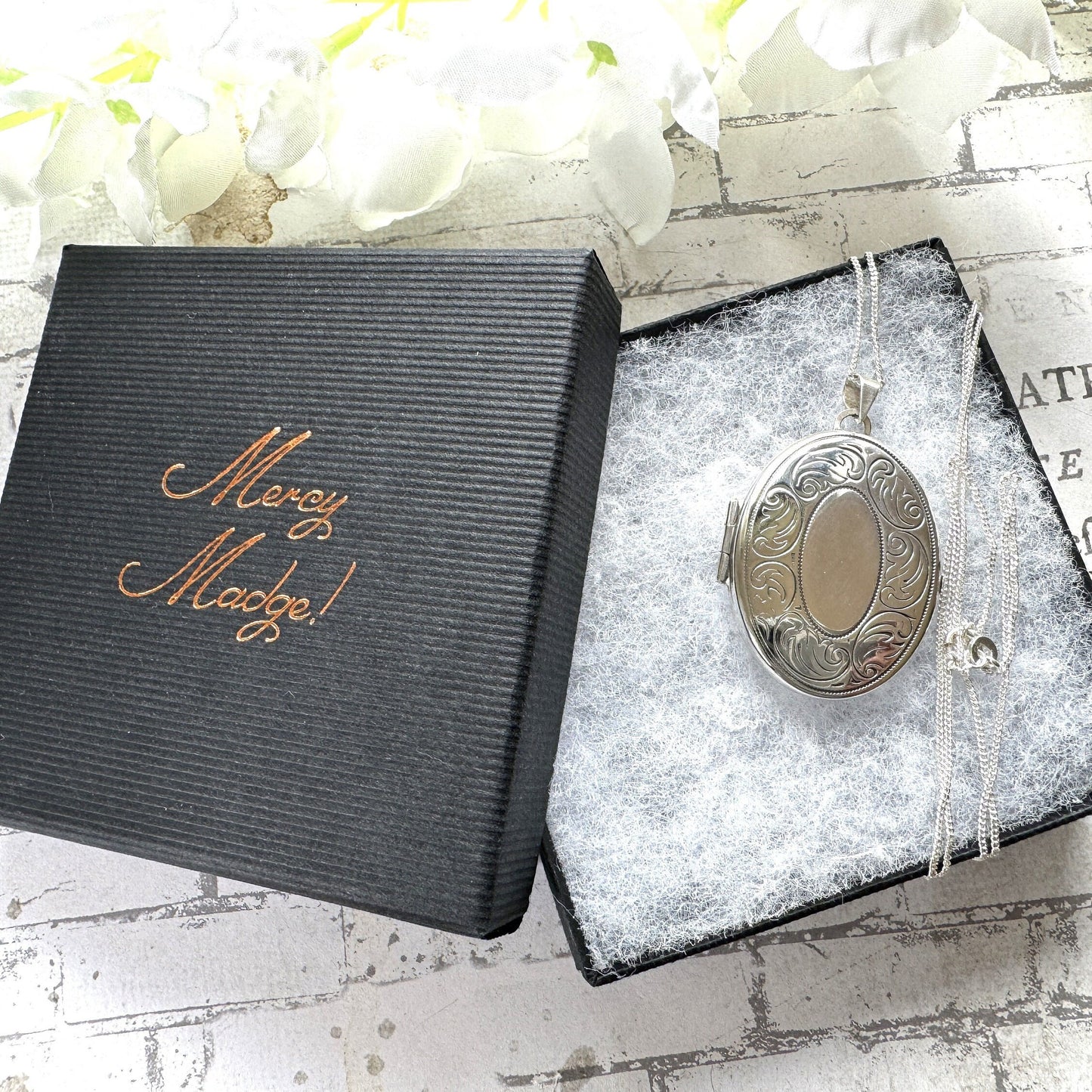 Vintage English Silver Large Oval Engraved Locket Pendant Necklace. Art Nouveau Style Floral Sterling Silver Photo/Keepsake Locket On Chain