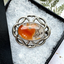Load image into Gallery viewer, Vintage Scottish Silver Celtic Knot Dendritic Agate Brooch. Oval Sterling Silver Eternity/Love Knot Cairngorm Scottish Pebble Lapel Pin.
