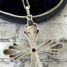 Cargar imagen en el visor de la galería, Vintage 1970s Sterling Silver Large Gothic Cross Pendant Necklace By 1-Of A Kind Jewelry Company, USA. Statement Cross & Long Chain Necklace