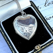 Cargar imagen en el visor de la galería, Antique Edwardian Engraved Daisy Sterling Silver Heart Locket Necklace. English B&F Silver Medium Love Heart Locket Pendant On Curb Chain