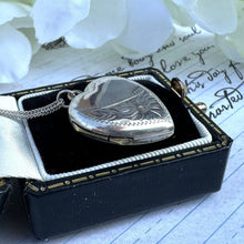 Cargar imagen en el visor de la galería, Antique Edwardian Engraved Daisy Sterling Silver Heart Locket Necklace. English B&F Silver Medium Love Heart Locket Pendant On Curb Chain