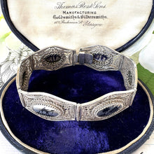 Load image into Gallery viewer, Antique Art Deco Egyptian Revival Niello Silver Filigree Bracelet. Vintage 1920s 800 Silver Black Enamel Scenic Panel Bracelet.
