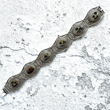 Load image into Gallery viewer, Antique Art Deco Egyptian Revival Niello Silver Filigree Bracelet. Vintage 1920s 800 Silver Black Enamel Scenic Panel Bracelet.