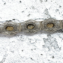 Load image into Gallery viewer, Antique Art Deco Egyptian Revival Niello Silver Filigree Bracelet. Vintage 1920s 800 Silver Black Enamel Scenic Panel Bracelet.