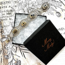 Load image into Gallery viewer, Antique Art Deco Egyptian Revival Niello Silver Filigree Bracelet. Vintage 1920s 800 Silver Black Enamel Scenic Panel Bracelet.