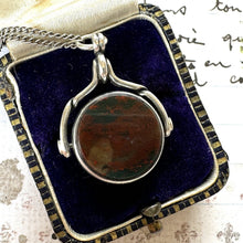 Cargar imagen en el visor de la galería, Victorian Silver Scottish Agate Spinner Fob Pendant Necklace. Antique Sterling Silver Carnelian & Jasper Watch Chain Fob, 1889 Hallmarks