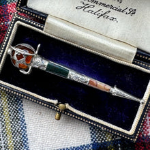 画像をギャラリービューアに読み込む, Antique Silver Scottish Agate & Citrine Claymore Sword Brooch. Engraved Sterling Silver Scottish Cairngorm Figural Broadsword Lapel Pin.
