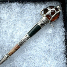 画像をギャラリービューアに読み込む, Antique Silver Scottish Agate & Citrine Claymore Sword Brooch. Engraved Sterling Silver Scottish Cairngorm Figural Broadsword Lapel Pin.