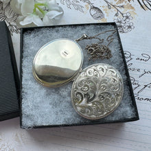 画像をギャラリービューアに読み込む, Vintage 1970s Sterling Silver Engraved Fern Locket Pendant On Chain. Slim Profile Large Oval Silver Locket Necklace, Henry Griffiths & Sons