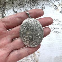 画像をギャラリービューアに読み込む, Vintage 1970s Sterling Silver Engraved Fern Locket Pendant On Chain. Slim Profile Large Oval Silver Locket Necklace, Henry Griffiths & Sons