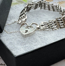 画像をギャラリービューアに読み込む, Vintage English Silver Fancy Link Gate Bracelet With Heart Padlock Clasp. Victorian Style 3-Bar Gate Sweetheart Bracelet, 1972 Hallmarks