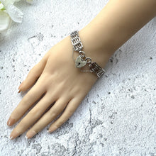 画像をギャラリービューアに読み込む, Vintage English Silver Fancy Link Gate Bracelet With Heart Padlock Clasp. Victorian Style 3-Bar Gate Sweetheart Bracelet, 1972 Hallmarks