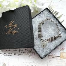 画像をギャラリービューアに読み込む, Vintage English Silver Fancy Link Gate Bracelet With Heart Padlock Clasp. Victorian Style 3-Bar Gate Sweetheart Bracelet, 1972 Hallmarks
