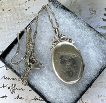 画像をギャラリービューアに読み込む, Vintage Sterling Silver & Amethyst Victorian Style Engraved Lily Locket On Chain. Ornate Oval Photo/Keepsake Baroque Locket Pendant Necklace
