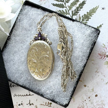 画像をギャラリービューアに読み込む, Vintage Sterling Silver & Amethyst Victorian Style Engraved Lily Locket On Chain. Ornate Oval Photo/Keepsake Baroque Locket Pendant Necklace