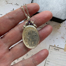 画像をギャラリービューアに読み込む, Vintage Sterling Silver & Amethyst Victorian Style Engraved Lily Locket On Chain. Ornate Oval Photo/Keepsake Baroque Locket Pendant Necklace