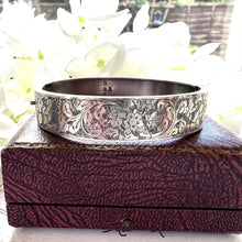 画像をギャラリービューアに読み込む, Antique Victorian Silver Cuff Bracelet c1886. Aesthetic Engraved Forget-me-Not Sweetheart Bracelet. Victorian Sterling Silver Narrow Bangle