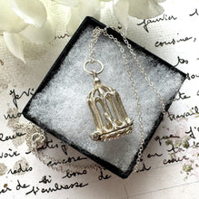 画像をギャラリービューアに読み込む, Vintage Sterling Silver Birdcage English Charm Pendant - Opens to Reveal Love Bird. Small Romantic Love Token Pendant With Optional Chain.