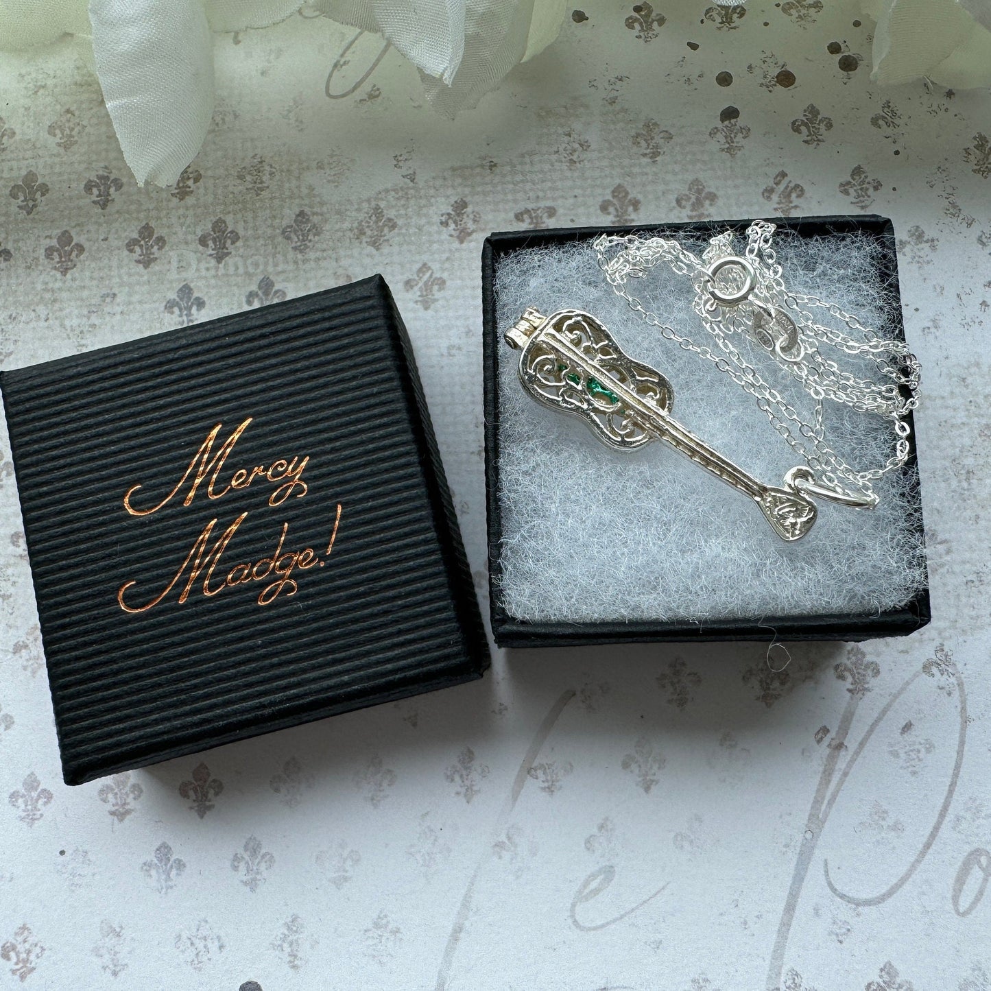 Vintage Sterling Silver Filigree Guitar Charm Pendant - Opens to Reveal Treble Clef. Small English Silver Musical Pendant, Optional Chain