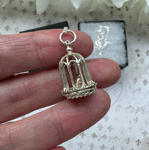 画像をギャラリービューアに読み込む, Vintage Sterling Silver Birdcage English Charm Pendant - Opens to Reveal Love Bird. Small Romantic Love Token Pendant With Optional Chain.