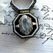 画像をギャラリービューアに読み込む, Antique Art Deco Sterling Silver Moonstone Ring. English Silver Marcasite Set Navette/Marquise Ring, Size Q - UK / 8.25 - US