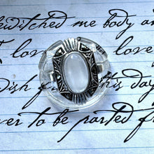 画像をギャラリービューアに読み込む, Antique Art Deco Sterling Silver Moonstone Ring. English Silver Marcasite Set Navette/Marquise Ring, Size Q - UK / 8.25 - US