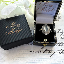 画像をギャラリービューアに読み込む, Antique Art Deco Sterling Silver Moonstone Ring. English Silver Marcasite Set Navette/Marquise Ring, Size Q - UK / 8.25 - US