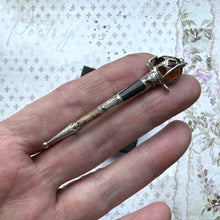 画像をギャラリービューアに読み込む, Antique Silver Scottish Agate & Citrine Claymore Sword Brooch. Engraved Sterling Silver Scottish Cairngorm Figural Broadsword Lapel Pin.