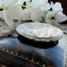 画像をギャラリービューアに読み込む, Vintage 1970s Sterling Silver Engraved Fern Locket Pendant On Chain. Slim Profile Large Oval Silver Locket Necklace, Henry Griffiths & Sons