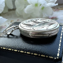 画像をギャラリービューアに読み込む, Vintage English Silver Engraved Calla Lily Locket Pendant Necklace. Art Nouveau Style Sterling Silver Oval Photo Locket & Adjustable Chain
