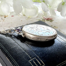 画像をギャラリービューアに読み込む, Vintage Sterling Silver & Amethyst Victorian Style Engraved Lily Locket On Chain. Ornate Oval Photo/Keepsake Baroque Locket Pendant Necklace