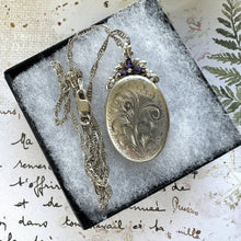 画像をギャラリービューアに読み込む, Vintage Sterling Silver & Amethyst Victorian Style Engraved Lily Locket On Chain. Ornate Oval Photo/Keepsake Baroque Locket Pendant Necklace