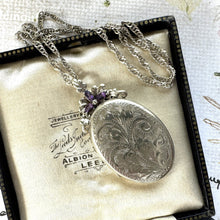 画像をギャラリービューアに読み込む, Vintage Sterling Silver & Amethyst Victorian Style Engraved Lily Locket On Chain. Ornate Oval Photo/Keepsake Baroque Locket Pendant Necklace