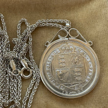 Carica l'immagine nel visualizzatore di Gallery, Antique Victorian 1887 Sterling Silver Shilling Pendant Necklace. Queen Victoria Diamond Jubilee Collectable Coin Pendant & Spiga Chain.