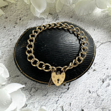 Carica l'immagine nel visualizzatore di Gallery, Vintage 9ct Gold Curb Link Bracelet With Heart Padlock Clasp, 20.5 grams. Antique Style Yellow Gold Classic Curb Chain Sweetheart Bracelet