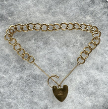 Carica l'immagine nel visualizzatore di Gallery, Vintage 9ct Gold Curb Link Bracelet With Heart Padlock Clasp, 20.5 grams. Antique Style Yellow Gold Classic Curb Chain Sweetheart Bracelet