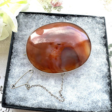 Load image into Gallery viewer, Antique Victorian Large Scottish Agate Sterling Silver Brooch. Orange/Red Chalcedony Sash/Tartan Statement Brooch. Banded Agate Oval Brooch.