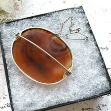 Load image into Gallery viewer, Antique Victorian Large Scottish Agate Sterling Silver Brooch. Orange/Red Chalcedony Sash/Tartan Statement Brooch. Banded Agate Oval Brooch.