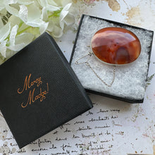 Load image into Gallery viewer, Antique Victorian Large Scottish Agate Sterling Silver Brooch. Orange/Red Chalcedony Sash/Tartan Statement Brooch. Banded Agate Oval Brooch.
