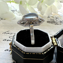 画像をギャラリービューアに読み込む, Antique Art Deco Sterling Silver Moonstone Ring. English Silver Marcasite Set Navette/Marquise Ring, Size Q - UK / 8.25 - US