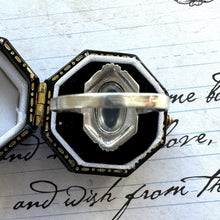 画像をギャラリービューアに読み込む, Antique Art Deco Sterling Silver Moonstone Ring. English Silver Marcasite Set Navette/Marquise Ring, Size Q - UK / 8.25 - US