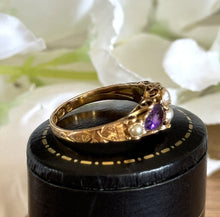 画像をギャラリービューアに読み込む, Antique Victorian 15ct Gold Purple Amethyst & Pearl Floral Engraved Ring. Ornate Victorian Boat Ring, Hallmarked 1874. Ring Size M-1/2/6-1/2