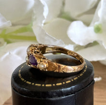 画像をギャラリービューアに読み込む, Antique Victorian 15ct Gold Purple Amethyst & Pearl Floral Engraved Ring. Ornate Victorian Boat Ring, Hallmarked 1874. Ring Size M-1/2/6-1/2