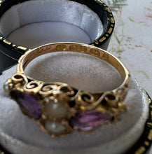 画像をギャラリービューアに読み込む, Antique Victorian 15ct Gold Purple Amethyst & Pearl Floral Engraved Ring. Ornate Victorian Boat Ring, Hallmarked 1874. Ring Size M-1/2/6-1/2