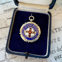 Lade das Bild in den Galerie-Viewer, Vintage 1936 Fattorini Silver & Enamel Fob In Presentation Case. Yorkshire Swimming Association Sterling Silver Medal In Antique Leather Box