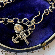 画像をギャラリービューアに読み込む, Antique Victorian Sterling Silver Bracelet With Anchor, Cross & Heart Triple Charm. Belcher Link Charm Bracelet With Swivel Hook Clasp.